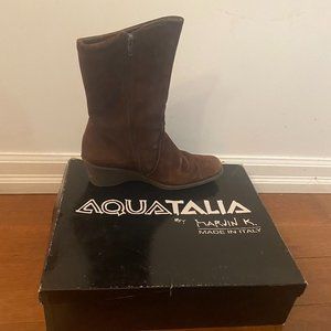 Aquatalia Brown Suede Ankle Boots with Wedge Heel